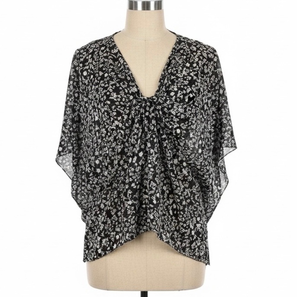 Mes Demoiselles Paris Warm Floral Sheer Silk Poncho Top Black White One Size
